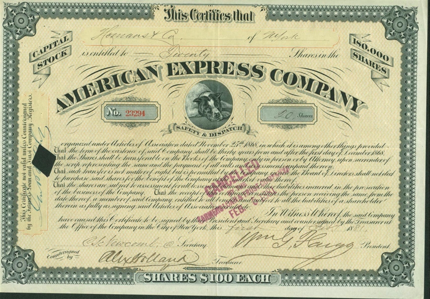 William Fargo Rare Signed 1881 American Express Stock Certificate (PSA/DNA)