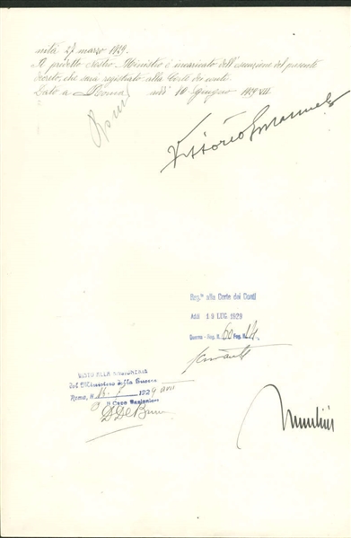 Benito Mussolini and Vittorio Emanuele III Dual Signed 1929 Document (Beckett/BAS)	