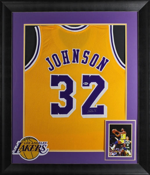 Magic Johnson Signed Yellow Lakers Jersey in Custom Framed Display (BAS/Beckett)