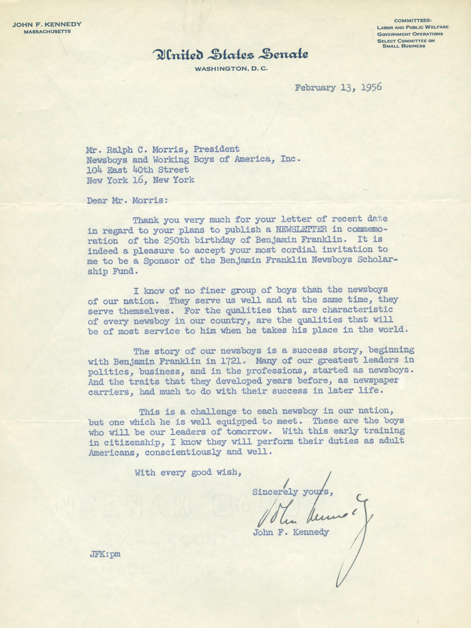 Lot Detail - President John F. Kennedy Signed 1956 Senate Letter w ...