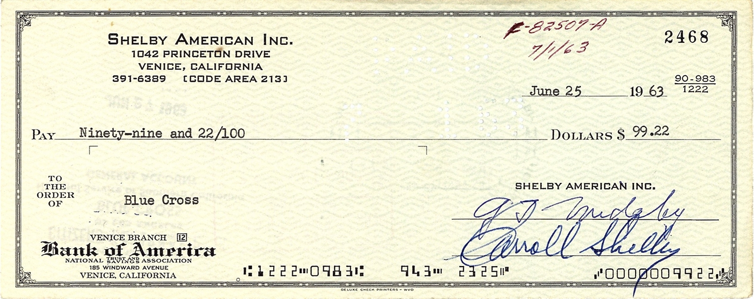 Caroll Shelby Signed 1963 Personal Bank Check (Beckett/BAS)