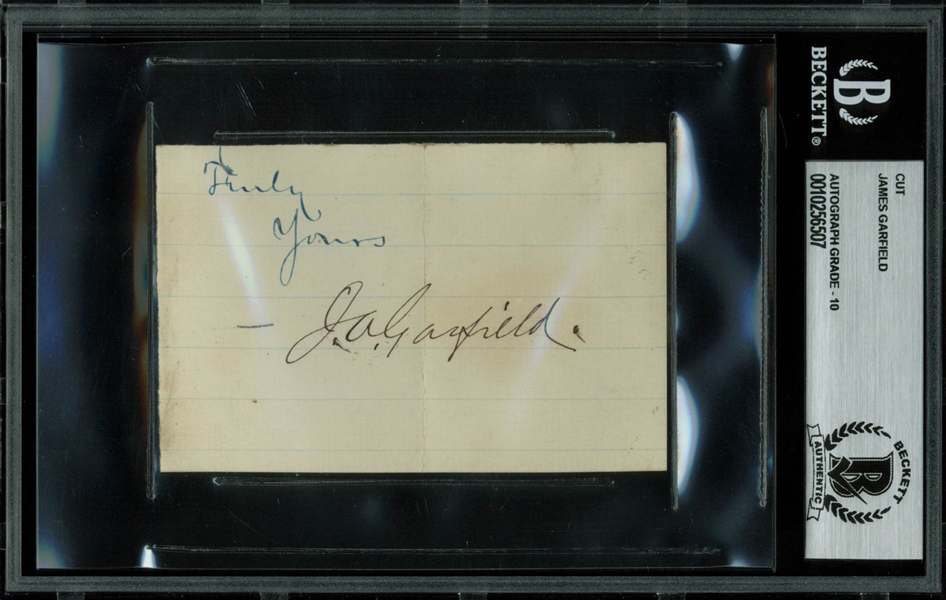 President James Garfield Signed 2.5" x 5" Cut - BAS/Beckett Graded GEM MINT 10