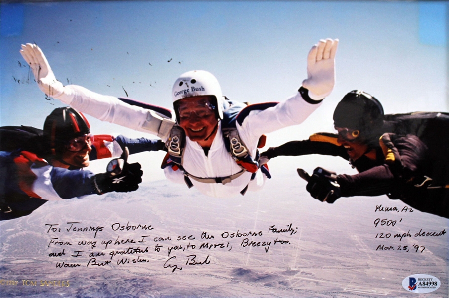 George H.W. Bush Rare Signed & Inscribed Skydiving Photograph (BAS/Beckett)