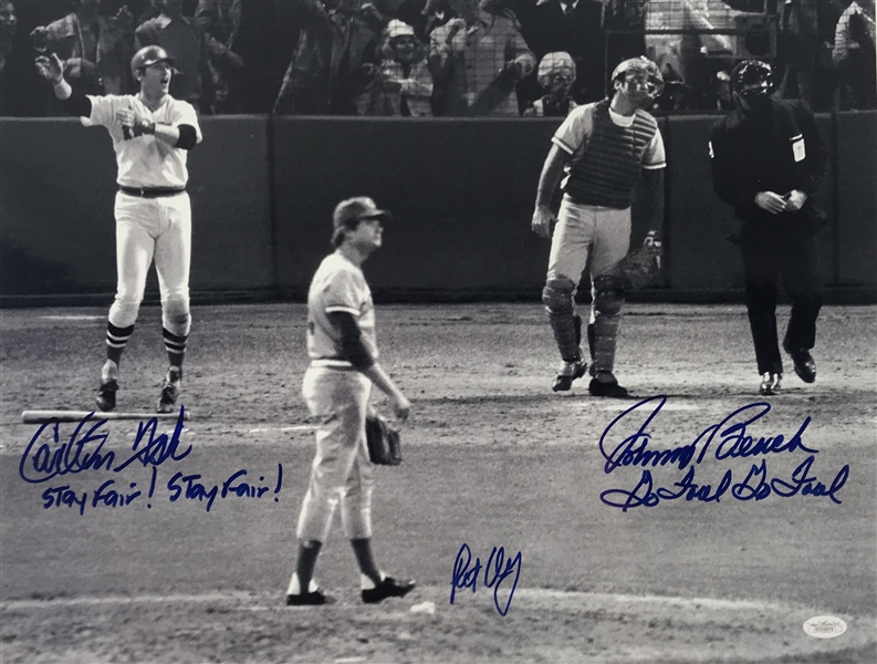 1975 World Series: Carlton Fisk, Johnny Bench & Pat Darcy Multi-Signed 16" x 20" Photograph w/ Great Inscriptions! (JSA)