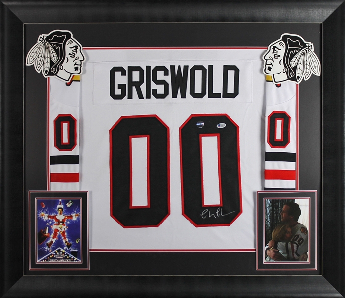 Christmas Vacation: Chevy Chase Signed Clark Griswold Hockey Jersey in Custom Framed Display (BAS/Beckett)