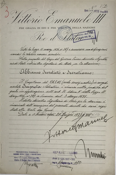 Benito Mussolini & Victor Emanuele Signed 1935 Document (Beckett/BAS)