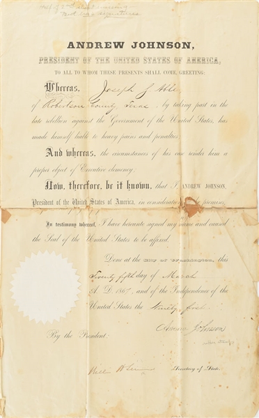 William H. Seward Signed 1867 Confederate Penalty Document (Beckett/BAS Guaranteed)