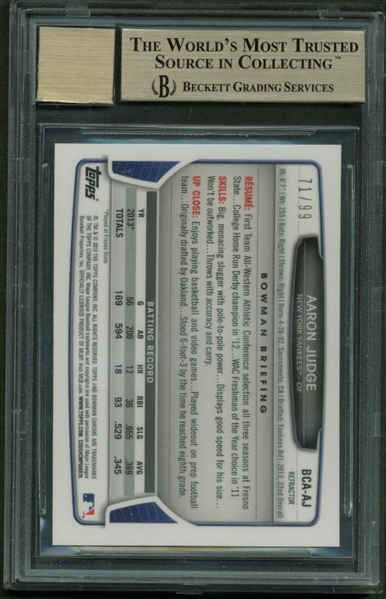 Lot Detail - Aaron Judge Signed 2013 Bowman Chrome Blue Refractors ...