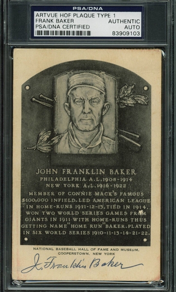 Ultra Rare John Franklin "Home Run" Baker Signed Hall of Fame Plaque Postcard (PSA/DNA Encapsulated)