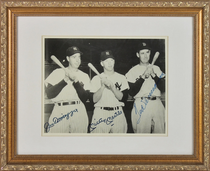 Mickey Mantle, Ted Williams & Joe DiMaggio Near-Mint Signed & Framed 8" x 10" B&W Photo (BAS/Beckett)