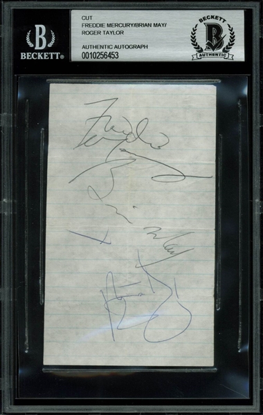Queen Superb Group Signed Album Page (3 Sigs)(BAS/Beckett Encapsulated)