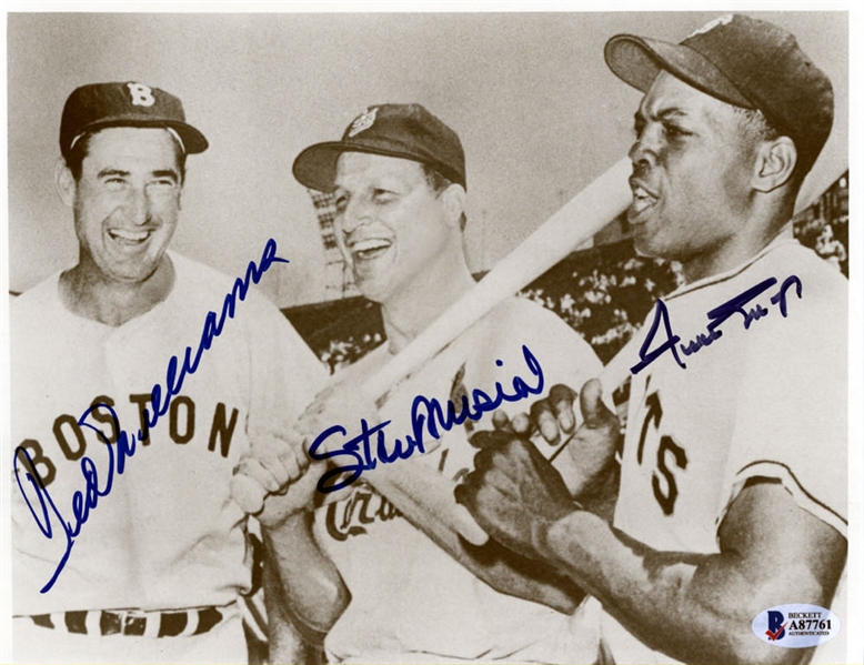 Ted Williams, Stan Musial & Willie Mays Signed 7.5" x 9.5" Vintage Photo (BAS/Beckett)