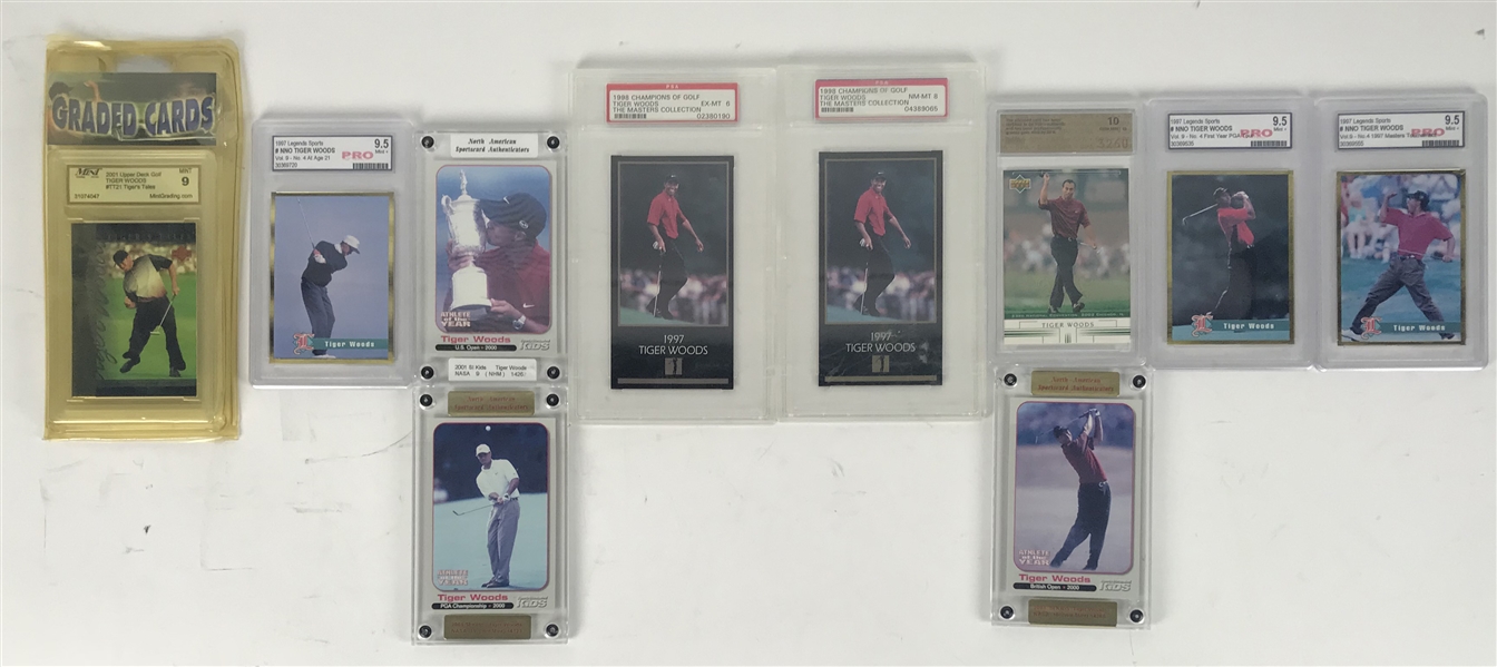 Lot of Ten (10) Original Tiger Woods Pre-2002 Trading Cards (PSA)