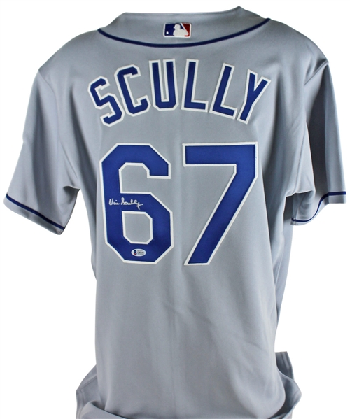 Vin Scully Signed Majestic Brooklyn Dodgers #67 Jersey (BAS/Beckett)