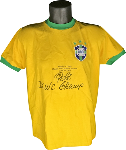 Pele Signed & "3x W.C Champ" Inscribed Brazil World Cup Jersey (JSA)