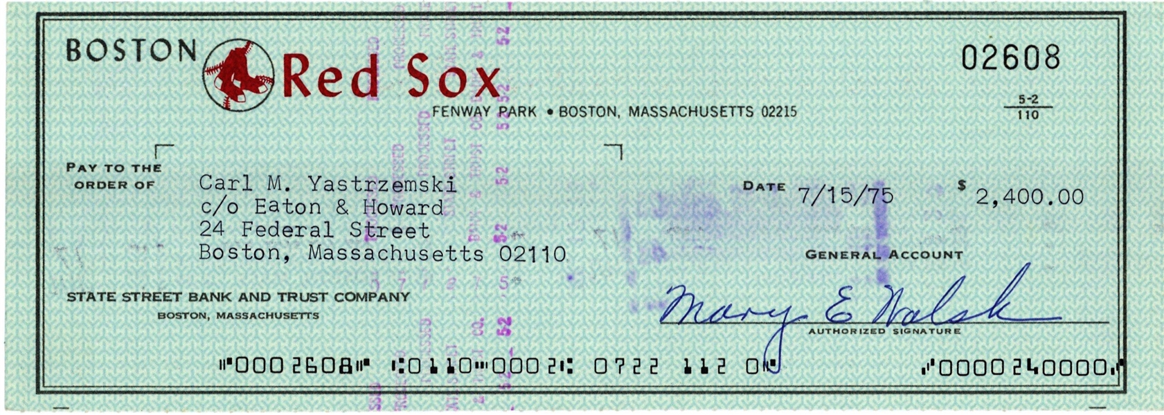 Carl Yastrezemski Rare Signed 1974 Boston Red Sox Payroll Check (Beckett/BAS)