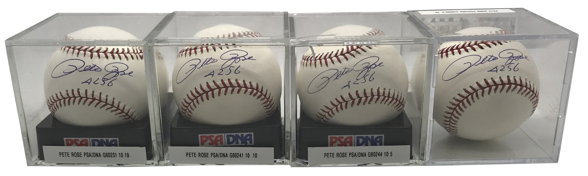 Lot of Four (4) Pete Rose Signed & "4256" Inscribed OML Baseballs PSA/DNA Graded 9 & 10!