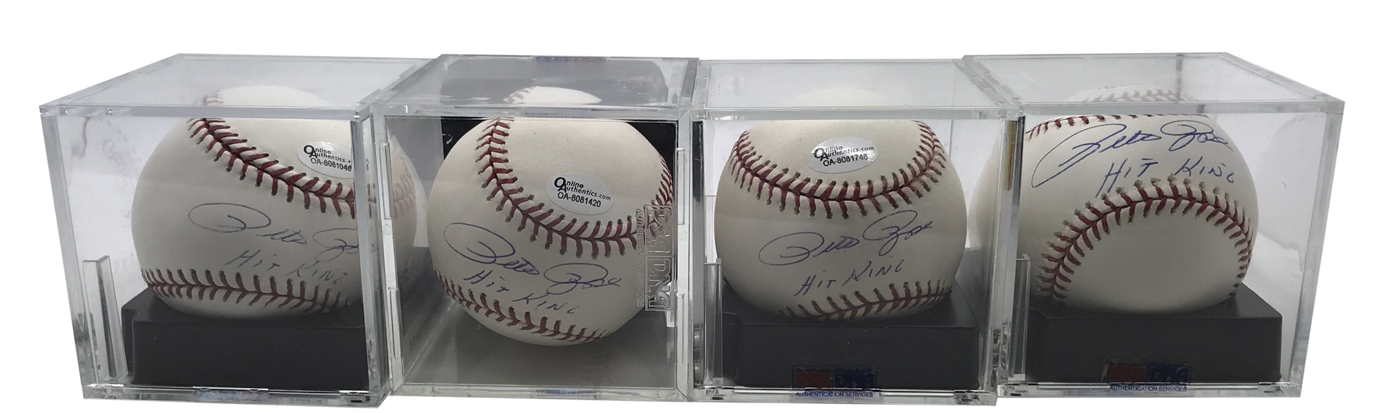 Lot of Four (4) Pete Rose Signed & "Hit King" Inscribed OML Baseballs PSA/DNA Graded 9.5 & 10!