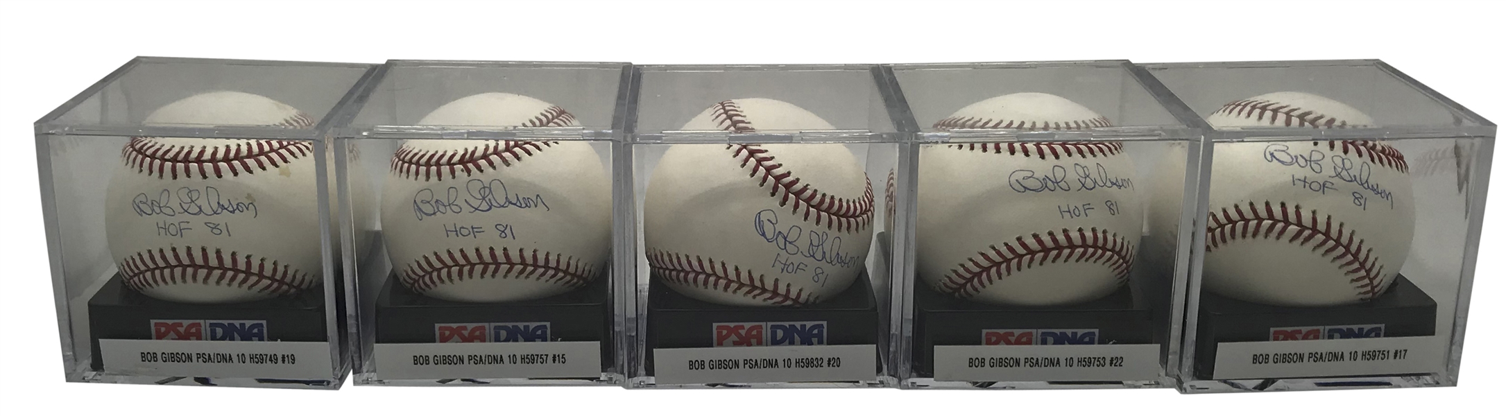 Lot of Five (5) Bob Gibson Signed & "HOF 81" Inscribed OML Baseballs PSA/DNA Graded GEM MINT 10!