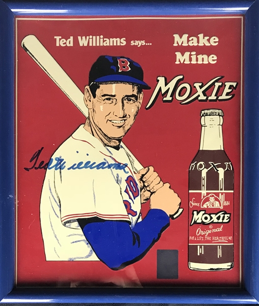 Ted Williams Signed Tin "Moxie Cola" Advertisement Piece (Green Diamond & Beckett/BAS Guaranteed)