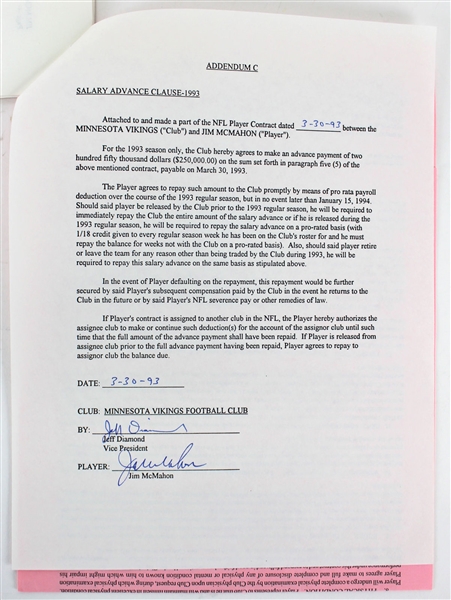 Jim McMahon Signed 1993 NFL Player Contract for Minnesota Vikings (JSA)
