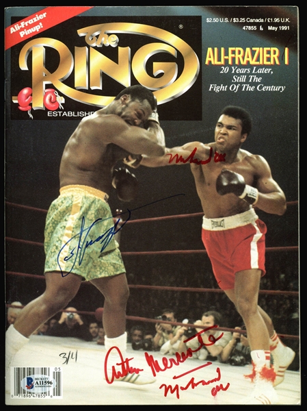 Muhammad Ali, Joe Frazier & Arthur Mercante Multi-Signed May 1991 The Ring Magazine (BAS/Beckett)