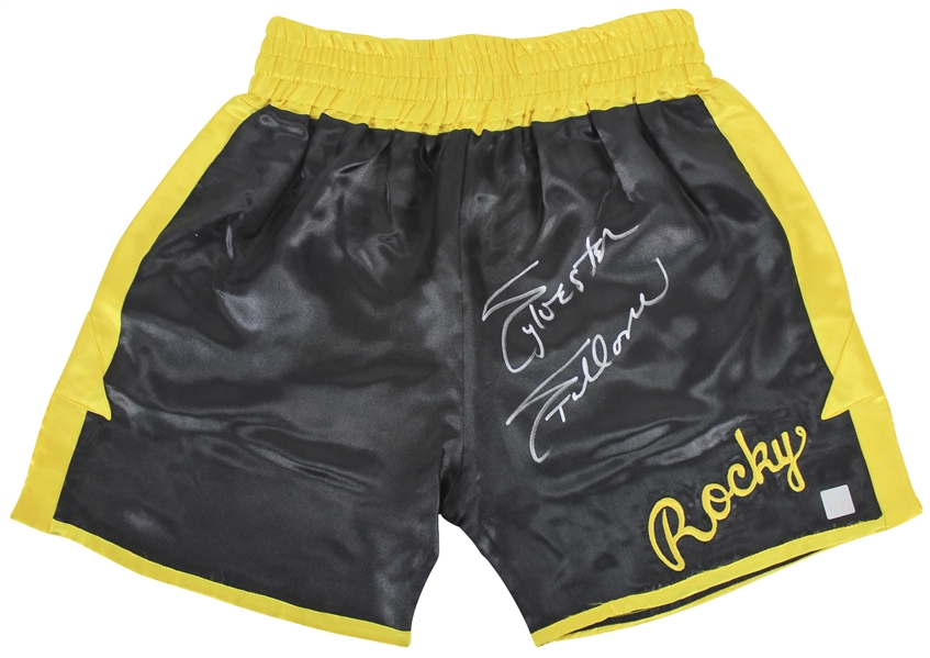 Sylvester Stallone Rare Signed "Rocky" Black Boxing Trunks (BAS/Beckett)