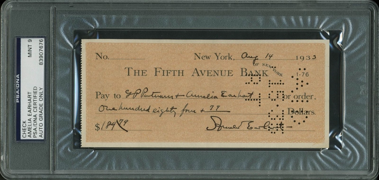 Amelia Earhart Twice Signed & Handwritten 1933 Bank Check - PSA/DNA Graded MINT 9!