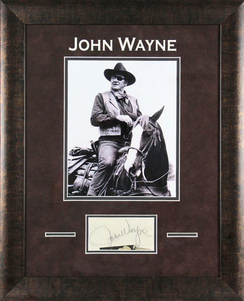 John Wayne Signed 2" x 4.5" Signature Cut in Custom True Grit Framed Display (JSA)