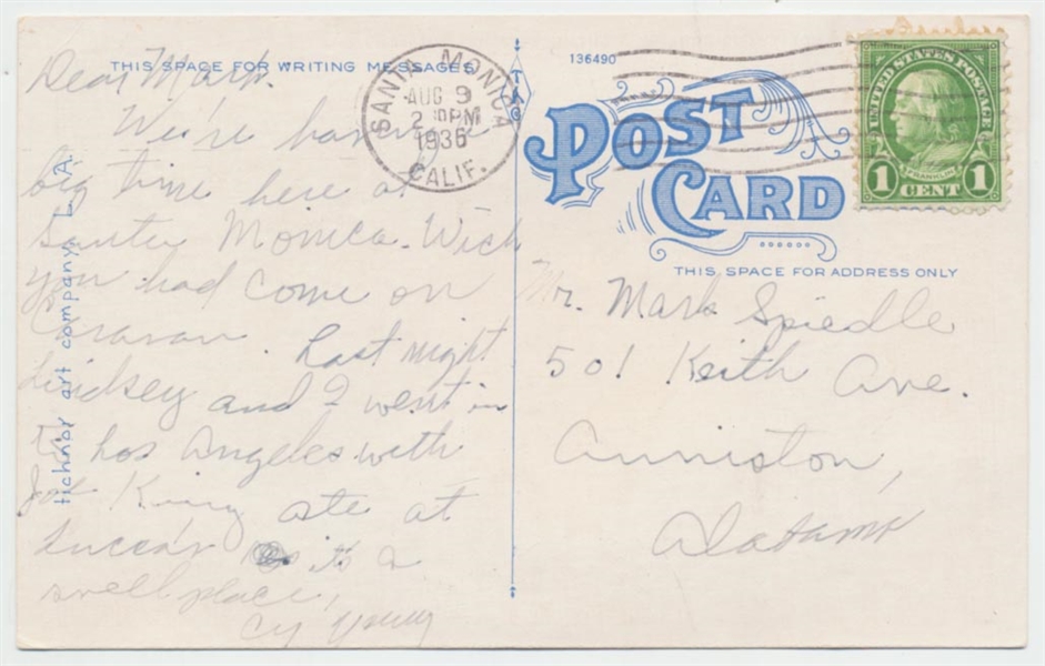 Cy Young Vintage Handwritten & Signed Hollywood Bowl Postcard c. 1936 (PSA/DNA)