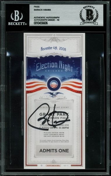Barack Obama Rare Signed 2008 Election Night Ticket (BAS/Beckett Graded GEM MINT 10)