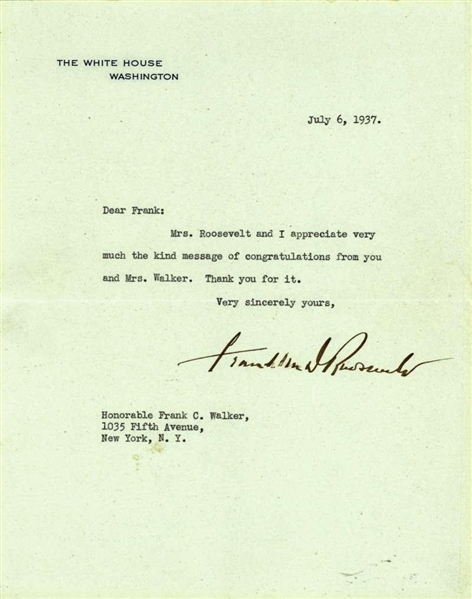 President Franklin D. Roosevelt Signed Near-Mint 1937 White House Letter (Beckett/BAS)