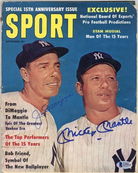 Mickey Mantle & Joe DiMaggio Signed Sport Magazine Beckett/BAS MINT 9!