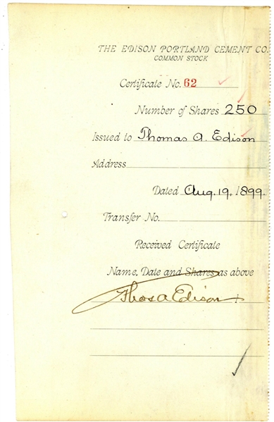 Thomas Edison Signed Stock Certificate (JSA)