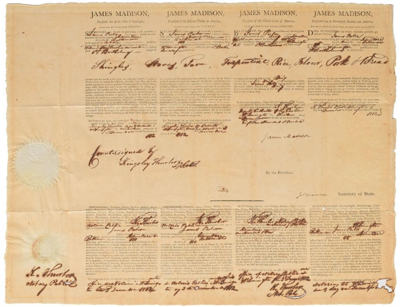 President James Madison & James Monroe Rare Dual Signed 4-Language Ships Papers Document (Beckett/BAS)