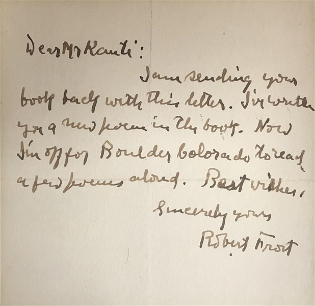 Robert Frost Signed & Hand Written 5" x 6" Letter (Beckett/BAS Guaranteed)