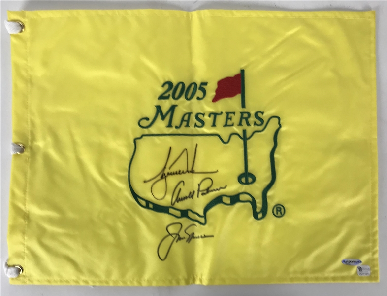 Tiger Woods, Arnold Palmer & Jack Nicklaus Signed Masters Golf Flag (Upper Deck & JSA)
