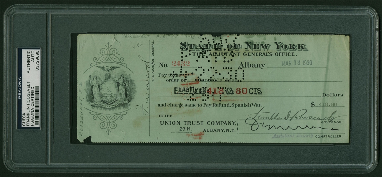 President Franklin D. Roosevelt Signed 1930 Governor Bank Check (PSA/DNA)