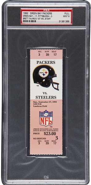 Brett Favres First NFL Start 1992 Packers vs. Steelers Full Game Ticket - PSA MINT 9!