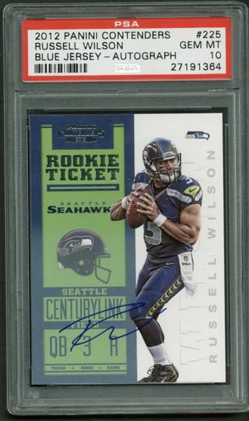 Russell Wilson Signed 2012 Panini Contenders #225 Rookie Card - PSA GEM MINT 10!