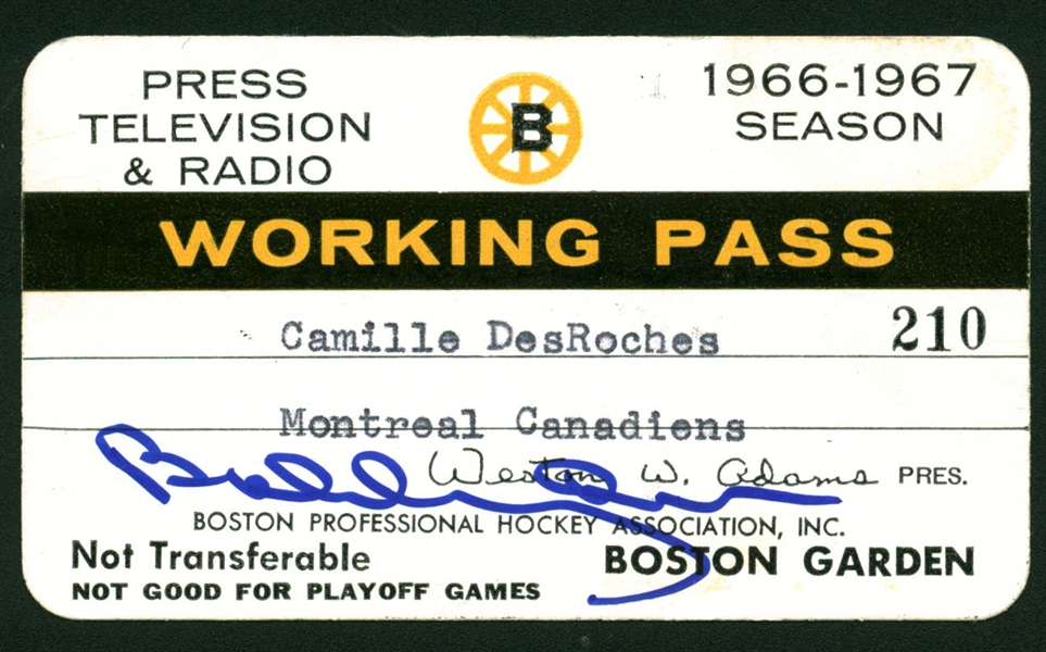 Bobby Orr Signed Boston Bruins 1966-67 Season Working Pass - Valid for Orrs Entire Rookie Season! (Great North COA)