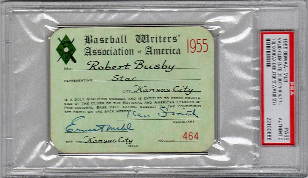 (Roberto Clemente & Sandy Koufax) 1955 Baseball Writers Association MLB Pass - Valid for Clemente & Koufaxs Debut Games! (PSA)