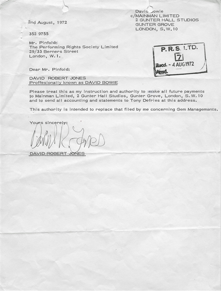 David Bowie Signed Vintage Document with "David R. Jones" Full Legal Name Signature! (Beckett/BAS Guaranteed)