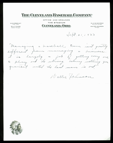 Indians: Walter Johnson Handwritten & Signed 1933 Letter w/ Outstanding Baseball Content (JSA)
