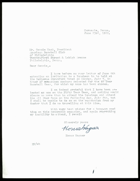 Honus Wagner Signed 1952 Letter Written to Hall of Famer Connie Mack! (PSA/DNA)