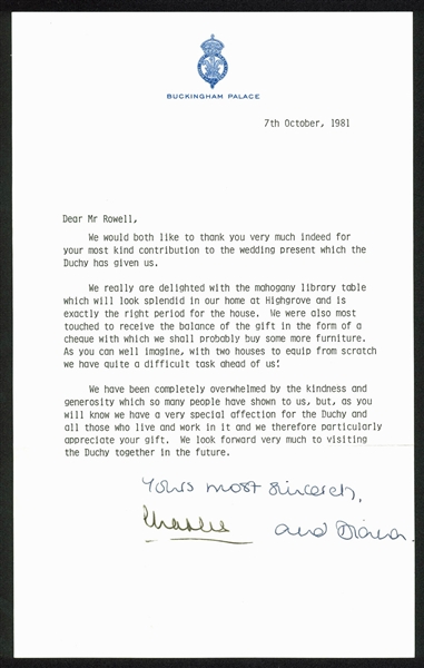 Prince Charles & Princess Diana Dual Signed 1981 Wedding Thank You Note on Buckingham Palace Letterhead (Beckett/BAS)