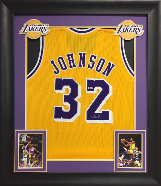 Magic Johnson Signed Yellow Lakers Jersey in Custom Framed Display (BAS/Beckett)