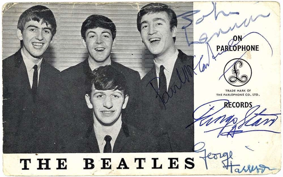 The Beatles Desirable Group Signed 3.5" x 6.5" Parlophone Records Promotional Postcard (BAS/Beckett)