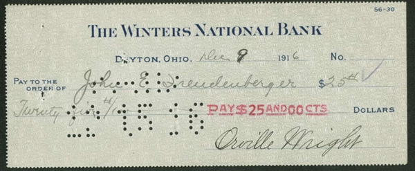 Orville Wright EARLY 1916 Signed Personal Winters National Bank Check (Beckett/BAS)
