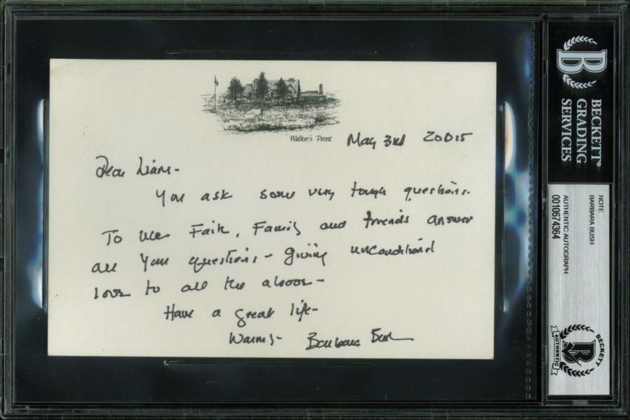 First Lady Barbara Bush Handwritten & Signed 2015 Note (BAS/Beckett Encapsulated)